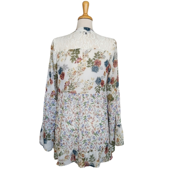 Suzanne Betro Women's Size L Floral Chiffon Velvet Bell Sleeve Blouse - Picture 7 of 9